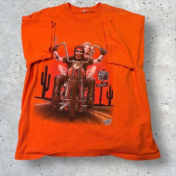 Vtg Johnny’s Route 69 Biker Pinup T-Shirt Orange Sz XL Motorcycle Chopper Moon - Picture 3 of 16